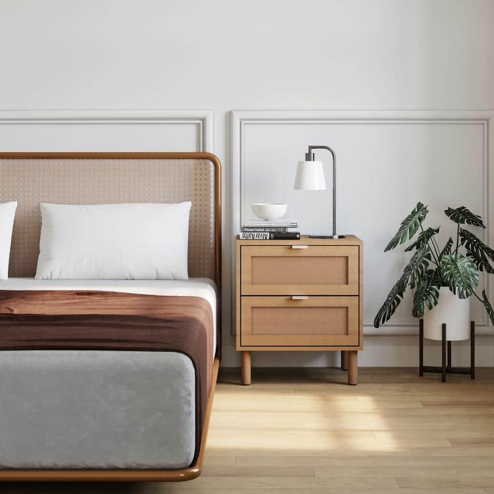 Sango Sango Orre 2-Drawer Solid Wood Nightstand, With Rattan, Cylicndrical Wooden Legs