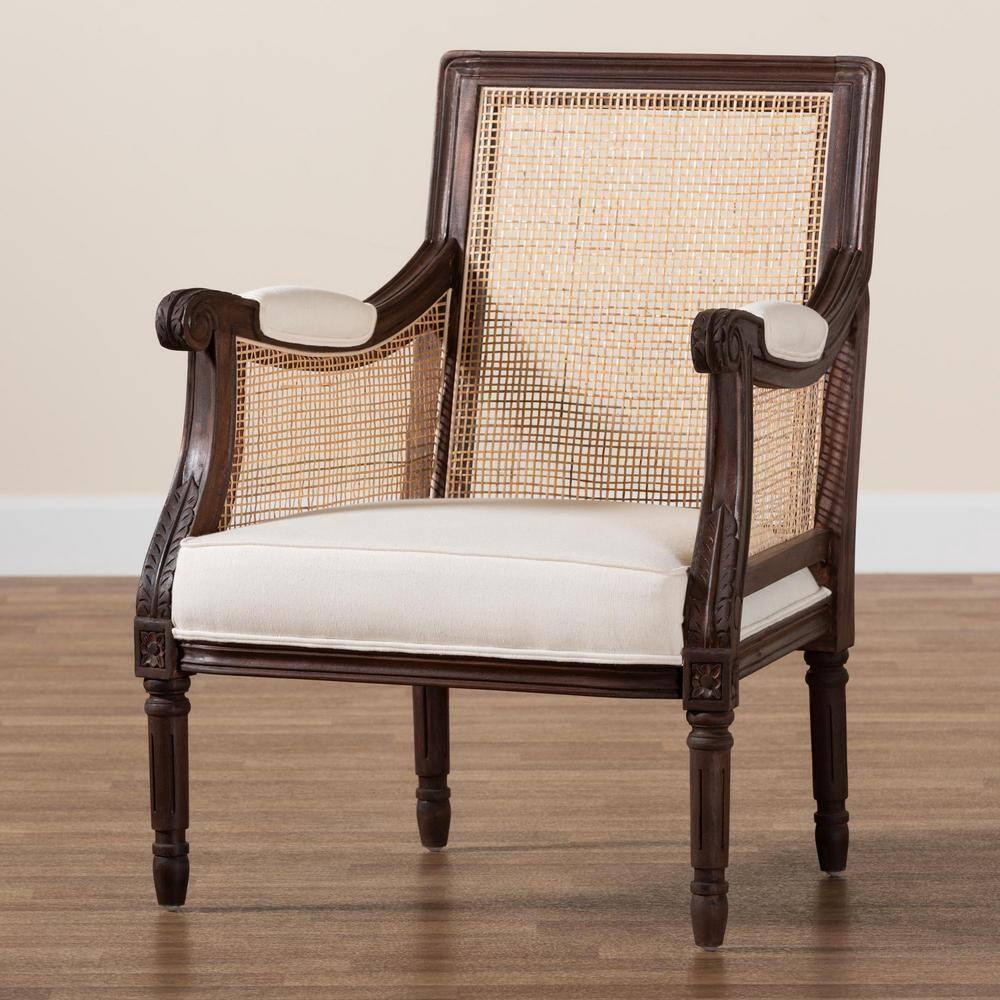 bali & pari Desmond Fabric and Wood Accent Chair Beige/Dark Brown: Traditional French Design, Foam Padded, Bayur Frame