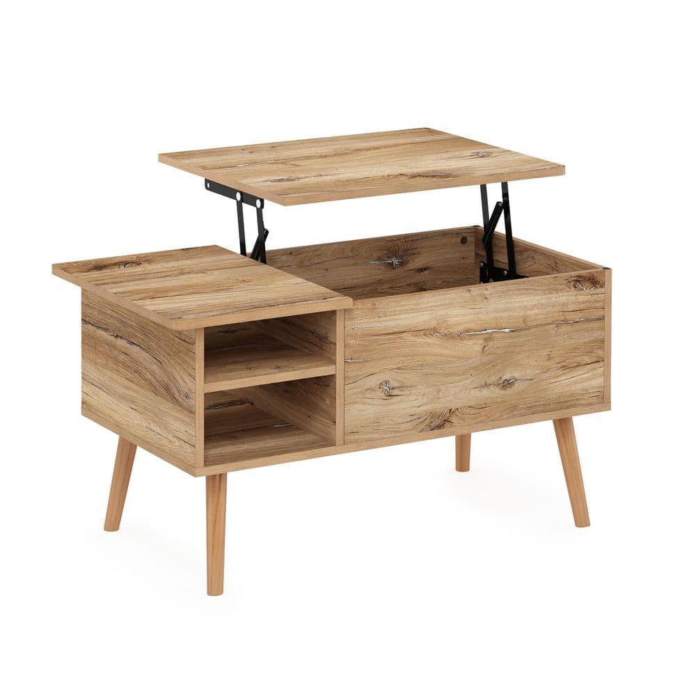 Furinno Jensen Wooden Leg Lift Top Coffee Table With Hidden Compartment and Side Open Storage Shelf for Living Room, Flagstaff Oak
