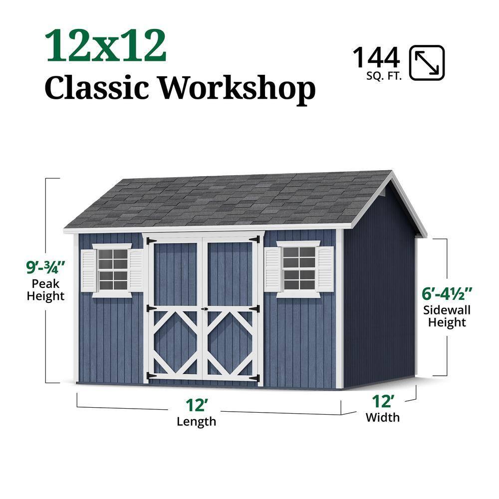 Little Cottage Co. 12x12 Classic Workshop Shed with Operable Windows and Floor, Outdoor Wood Storage Do-It-Yourself Precut Kit
