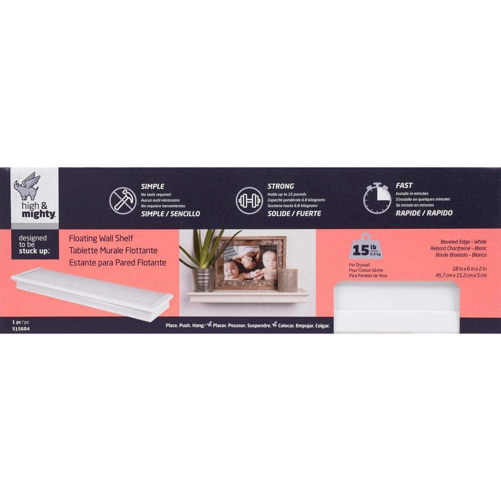 HIGH & MIGHTY Decorative 18" Floating Shelf Holds up to 15lbs, Easy Tool-Free Dry Wall Installation, Beveled, eCommerce Packaging, White