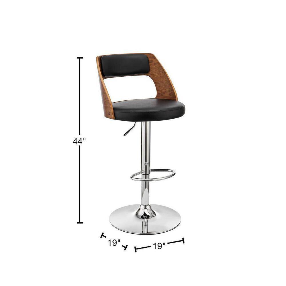 44 x 19 x 19 in. Paulo Adjustable Swivel Faux Leather & Walnut Wood Bar Stool with Base, Black & Chrome