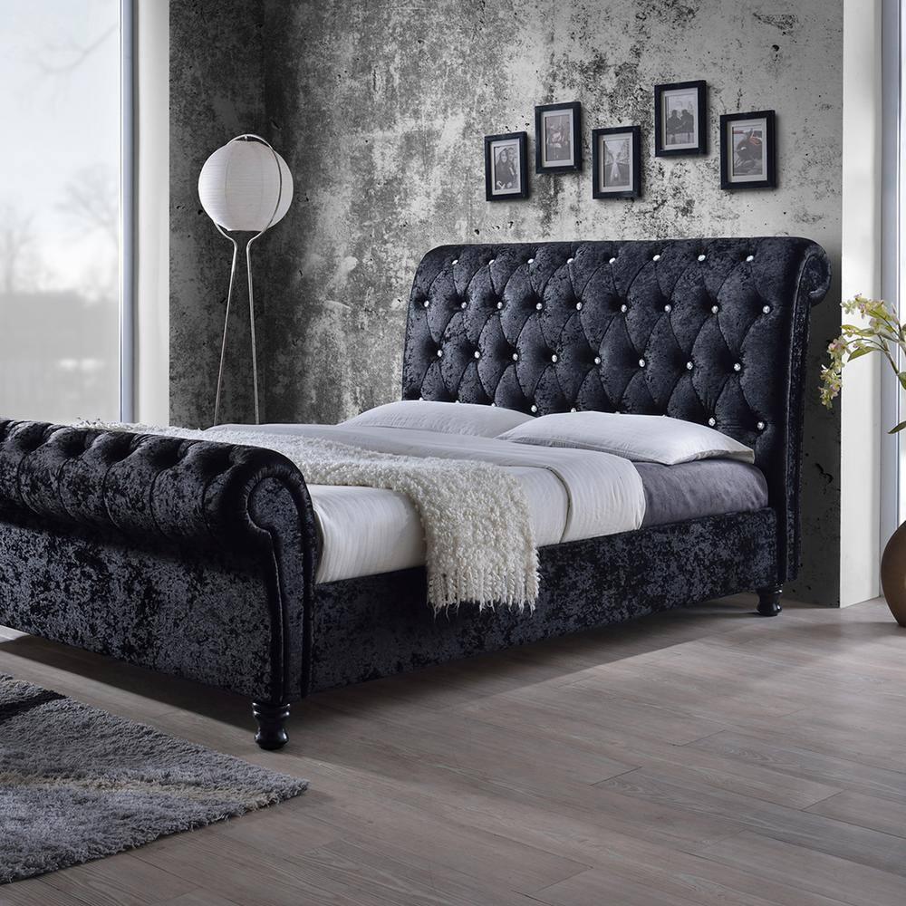 Queen Castello Velvet Upholstered Sleigh Platform Bed with Faux Crystal - Baxton Studio