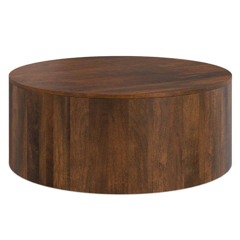 Millbury SOLID MANGO WOOD 36 inch Wide Round Contemporary Drum Coffee Table in Walnut Brown, Fully Assembled
