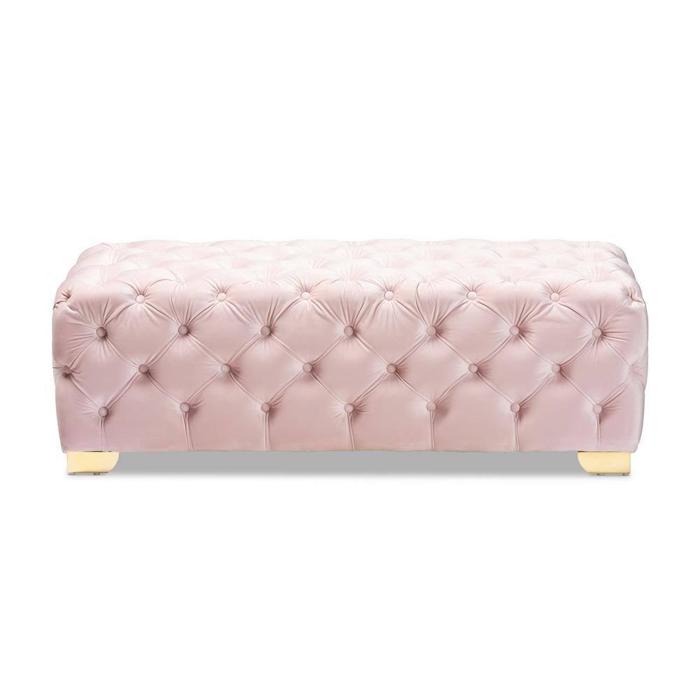 Baxton Studio Avara Velvet Button Tufted Bench Ottoman Pink: Modern Upholstered Rectangular Furniture