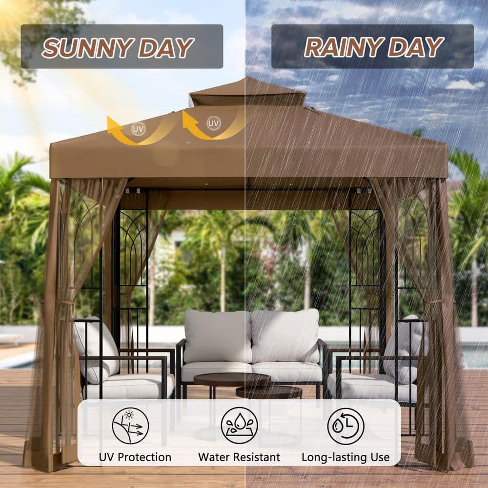 COOS BAY 8 Ft. W x 8 Ft. D Steel Frame Vented Soft Top Patio Gazebo with Mesh Netting, Corner Shelves