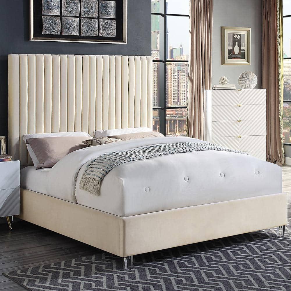 Acme Furniture 86" Queen Bed Edzia Bed Beige Velvet: Luxurious Upholstered Panel, Wood Frame, Acrylic Textile