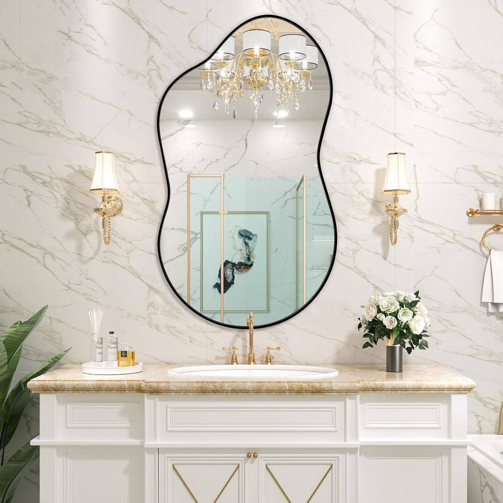 Funtouch Irregular Wall Mirrors 24"x 36" Cloud Shaped Mirrors for Bathroom, Aluminum Alloy Frame Black
