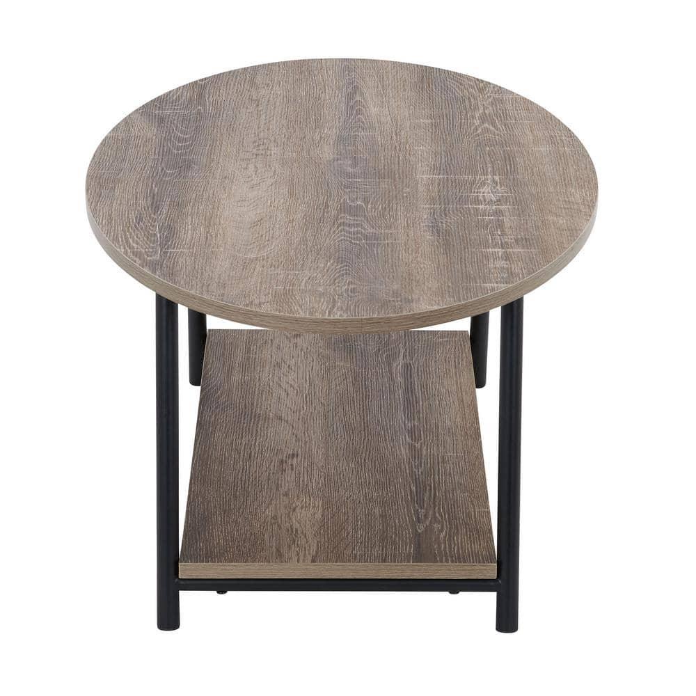 Household Essentials Jamestown Oval Coffee Table Ashwood: Modern Mid-Century Design, Iron Frame, Particle Board Surface, Lower Storage Shelf