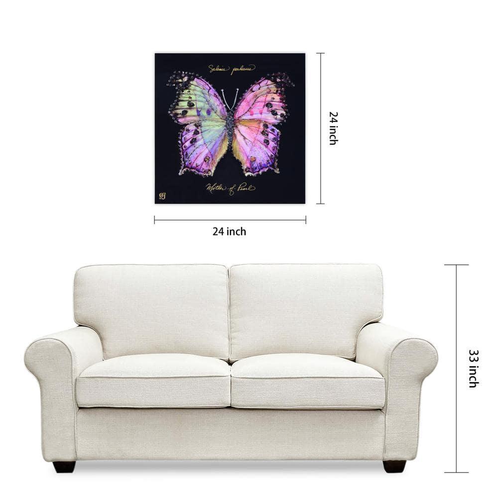 "Pink Monarch Elegance" Crystallus Epoxy Coated Wrapped Glossy Butterfly Canvas Wall Art with Heavy Acrylic Crystal Shards Embellishments