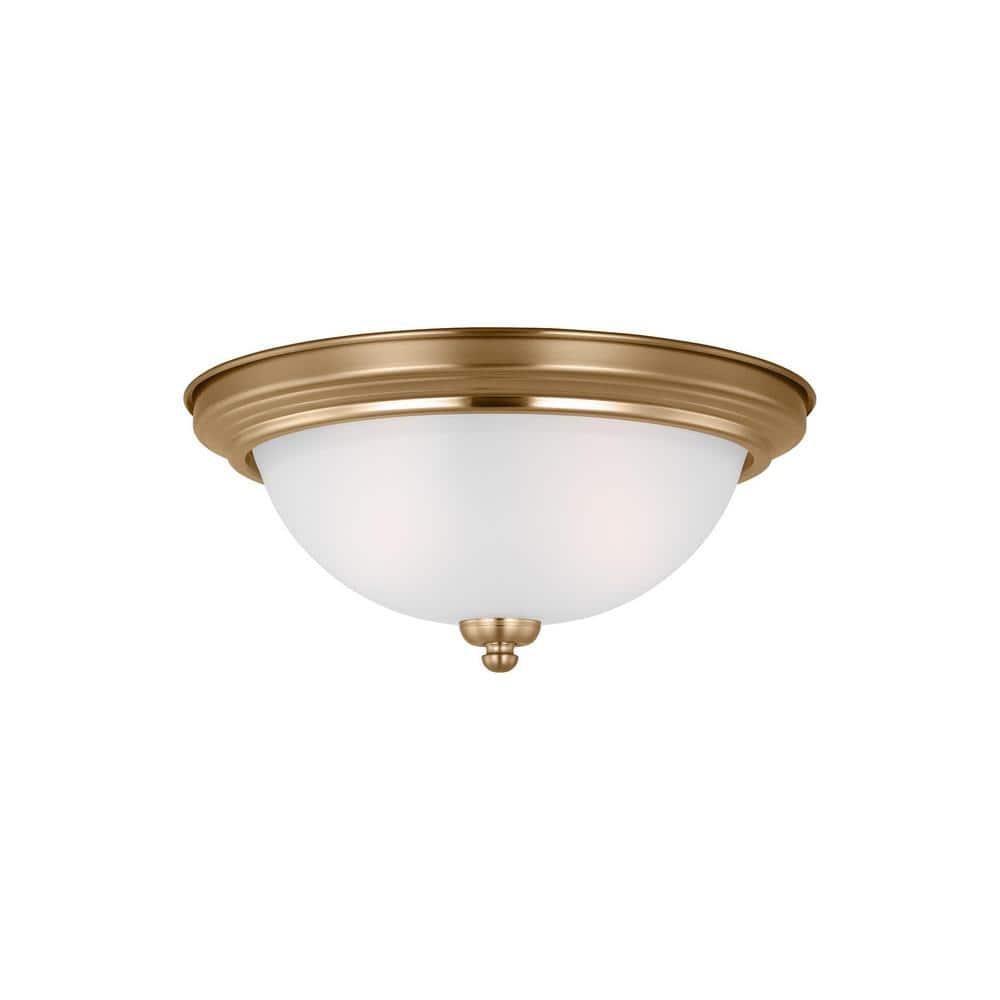 Satin Brass Geary 2-Light Flush Mount with Etched Glass Shade