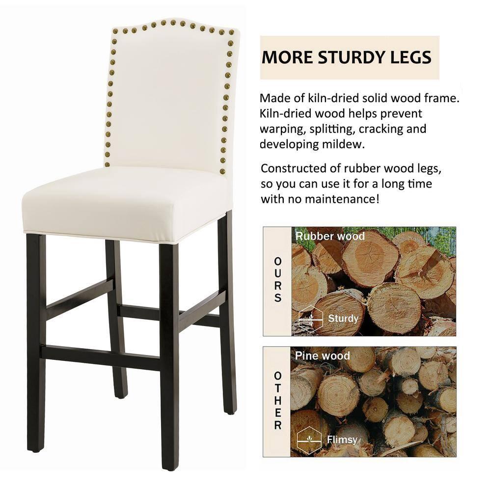 Set of 2 Leatherette PU Barstools with Studded Decor Off White - Glitzhome: Rubberwood Frame, Footrest, Modern Style