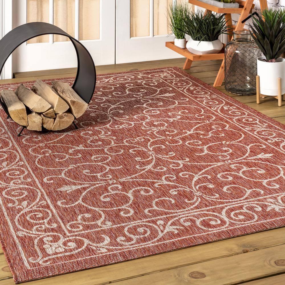 4'x6' Charleston Vintage Filigree Textured Weave Indoor/Outdoor Area Rug, Red/Beige - JONATHAN Y