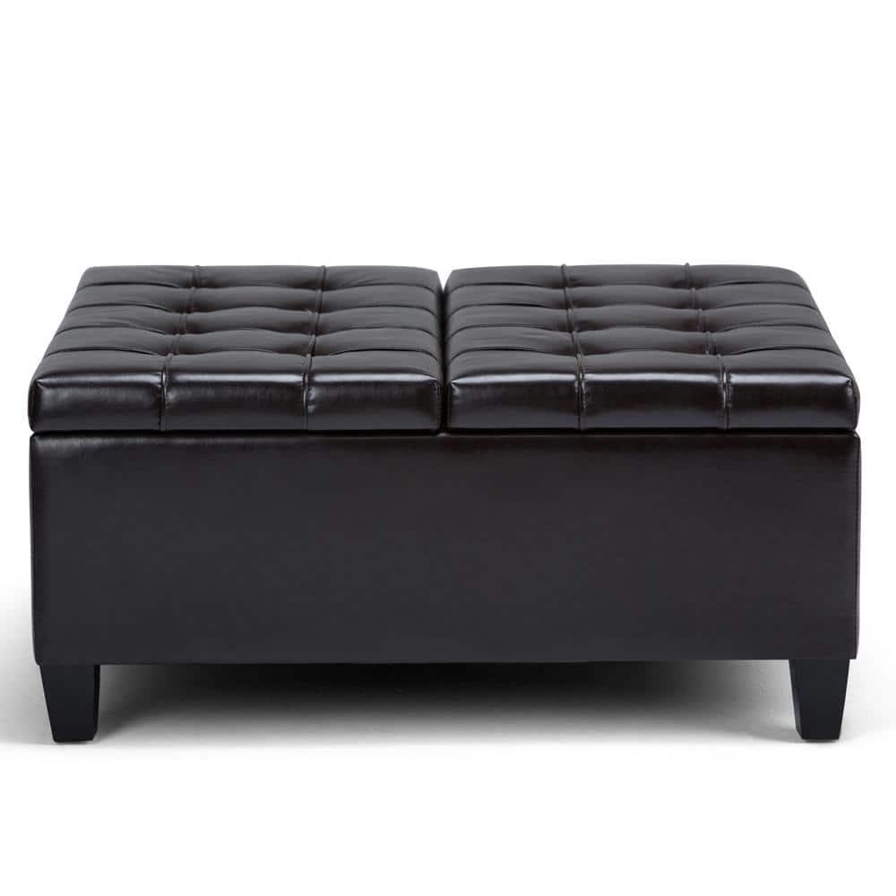Simpli Home Harrison 36"W Upholstered Square Coffee Table Storage Ottoman with Split Lift Top