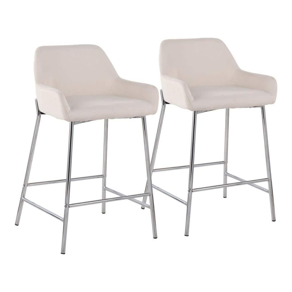 Set of 2 Daniella Metal/Polyester Counter Height Barstools Chrome/Cream - LumiSource: Padded, Steel Legs, Fixed Height
