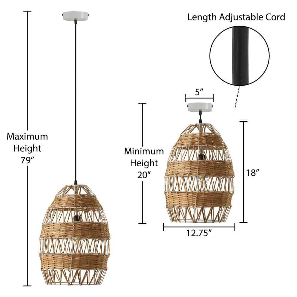 12.75" Alyssa Rattan and Metal Pendant Ceiling Light - River of Goods: UL Listed, Adjustable Height, Dome-Shaped Shade