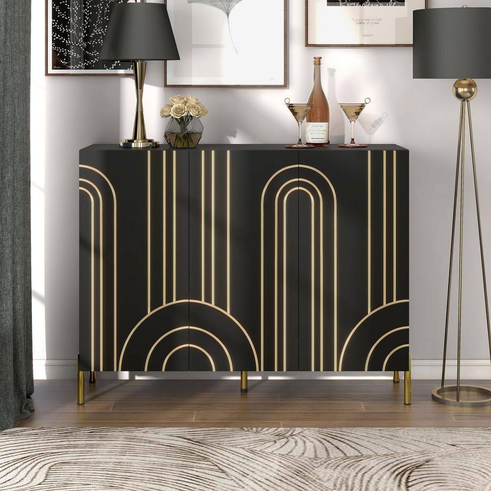 24/7 Shop At Home Touchsoft Glam 4 Shelf Sideboard Buffet with Adjustable Shelves Black: Modern Storage Credenza, Metal Frame