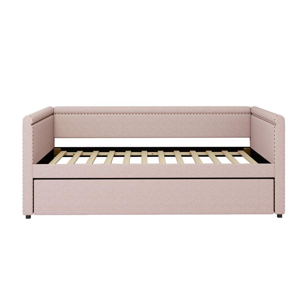 Pink Modern Style Twin Size Linen Upholstered Daybed with Trundle, Curved Arms, Nailhead Trims