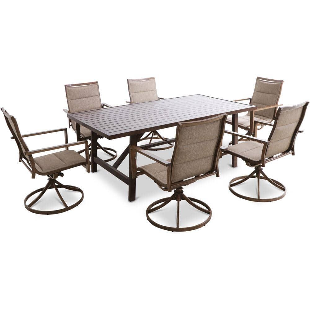 Mod Furniture Atlas 7-Piece Modern Outdoor Dining Set with 6 Swivel Padded Sling Chairs and Trestle Style Table, ATLASDN7PCSW6-TAN