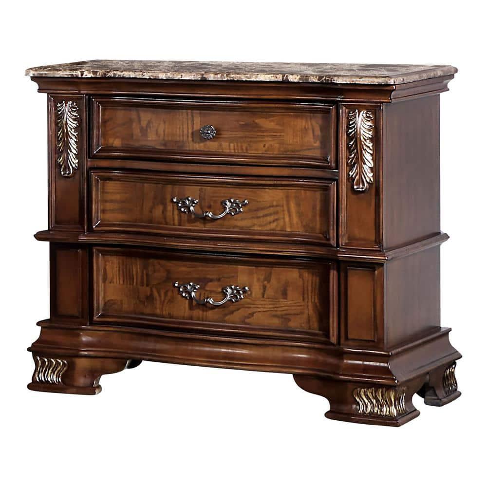 Florence Brown Cherry 3-Drawer Nightstand with Genuine Marble Top