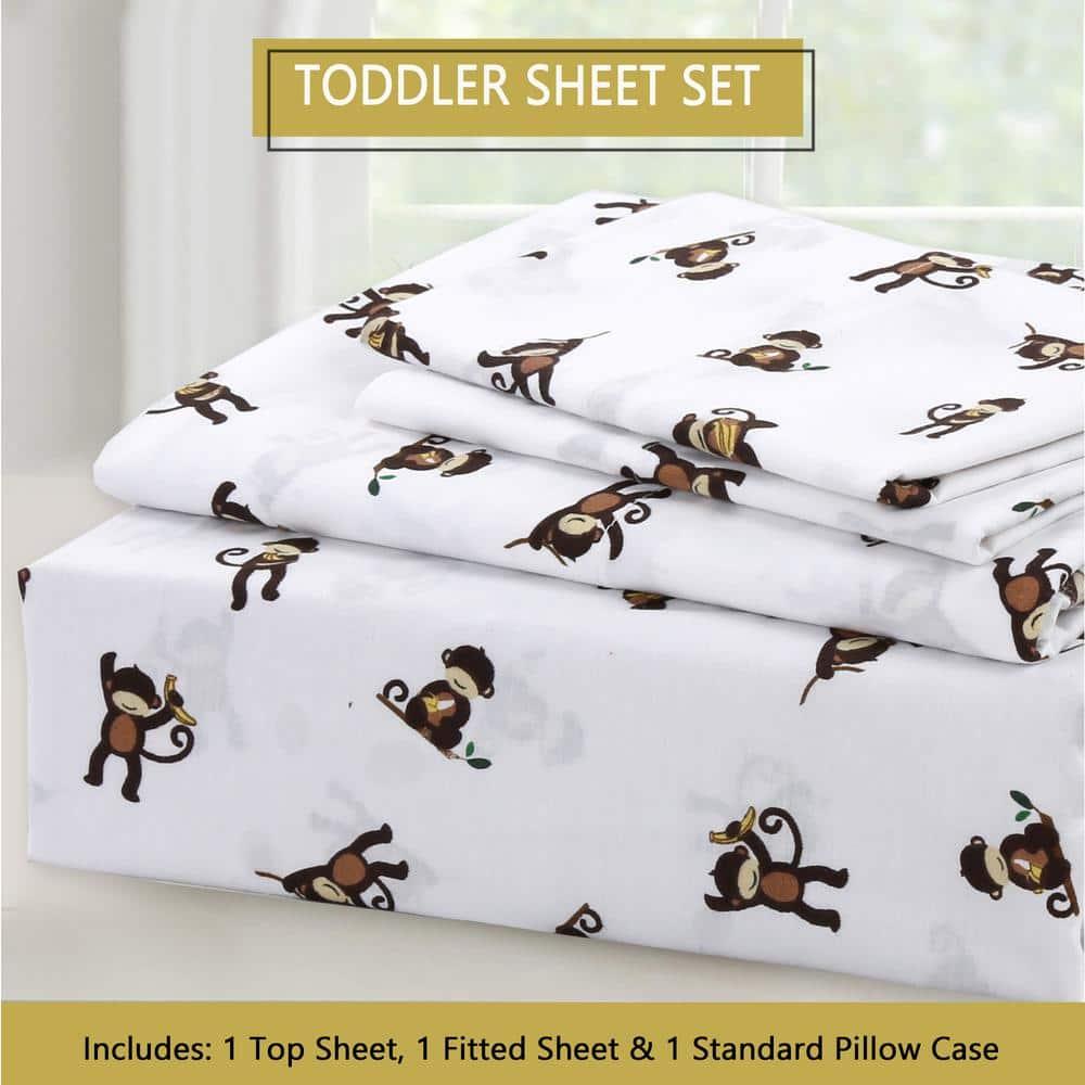 Monkey Around Jungle Bananas 3 Piece White Cotton Toddler Sheet Set