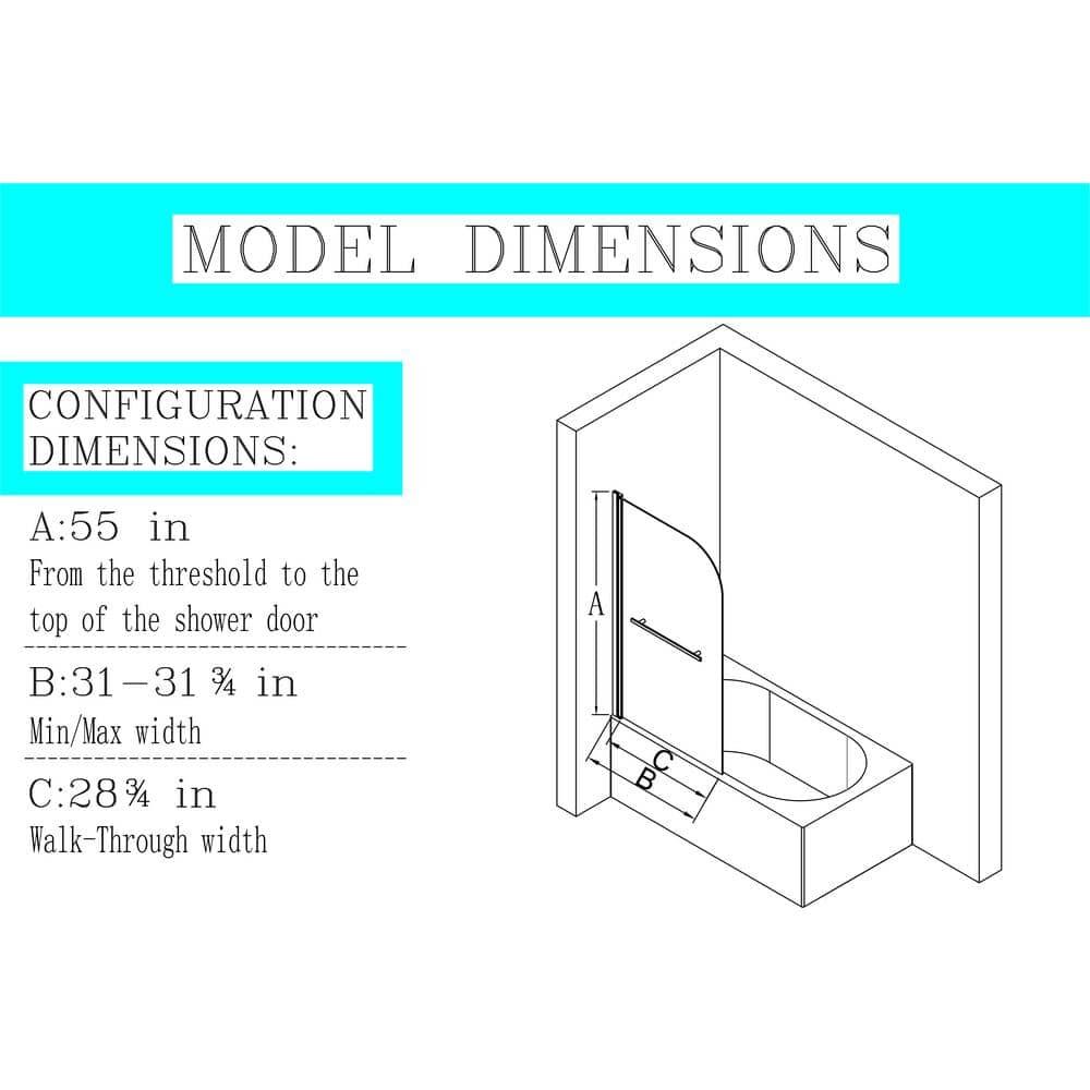 31"W x 55"H Frameless Folding Pivot Shower Tub Door Reversible Installation
