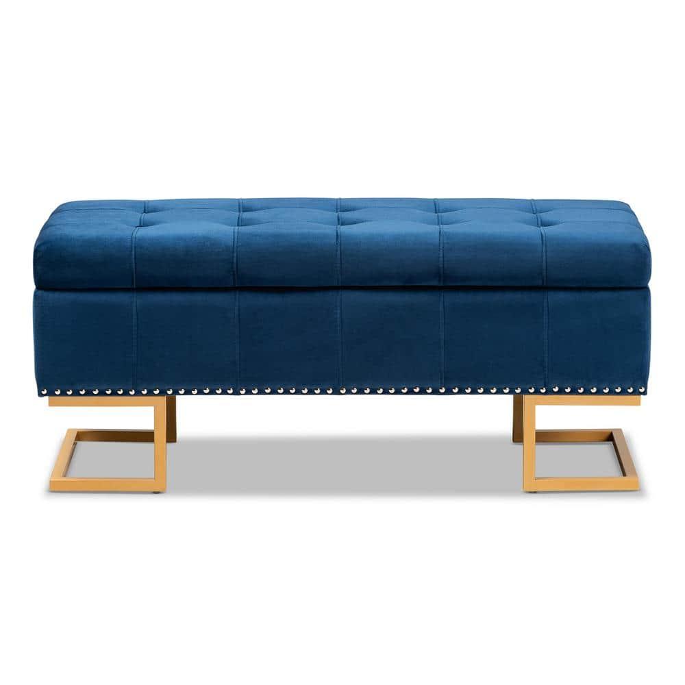 Ellery Velvet Fabric Upholstered Ottoman Gold/Blue - Baxton Studio: Storage, Nailhead Trim, Wood Frame