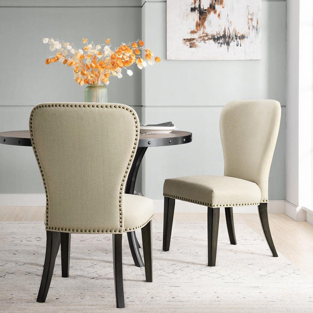 Set of 2 Savoy Upholstered Dining Armless Chairs Cream - Alaterre Furniture: Faux Leather, Nailhead Detail, Rubberwood Frame