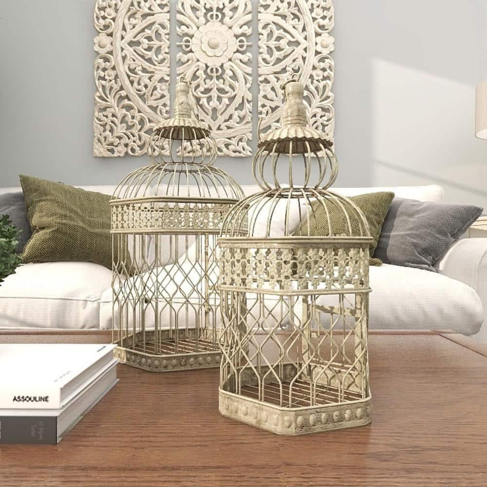 DecMode Cream Vintage Metal Birdcage with Crisscross Vertical Bars and Floral Embossed Design, Set of 2 21", 18"H
