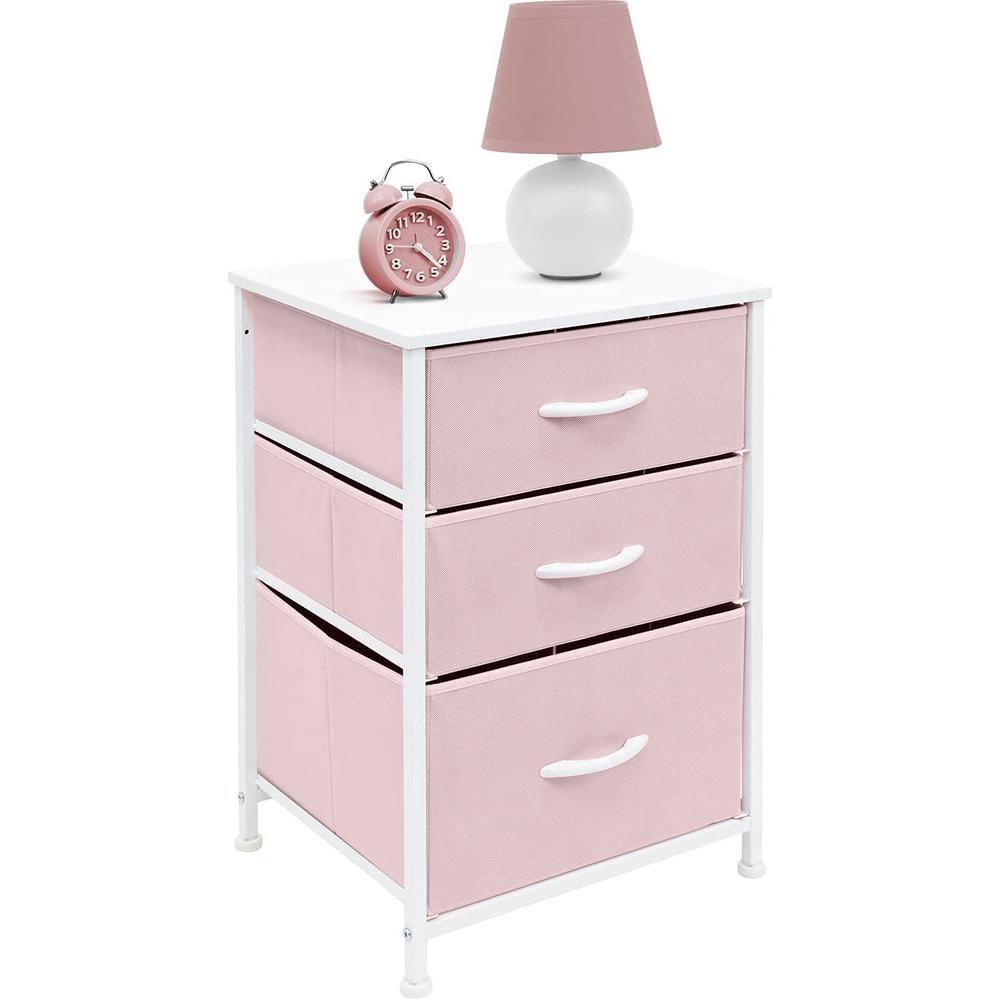 Sorbus Nightstand with 3 Drawers - Furniture Storage for Bedroom, Closet, Office Organization - Steel Frame, Wood Top, Pastel Fabric Bin (Pink)