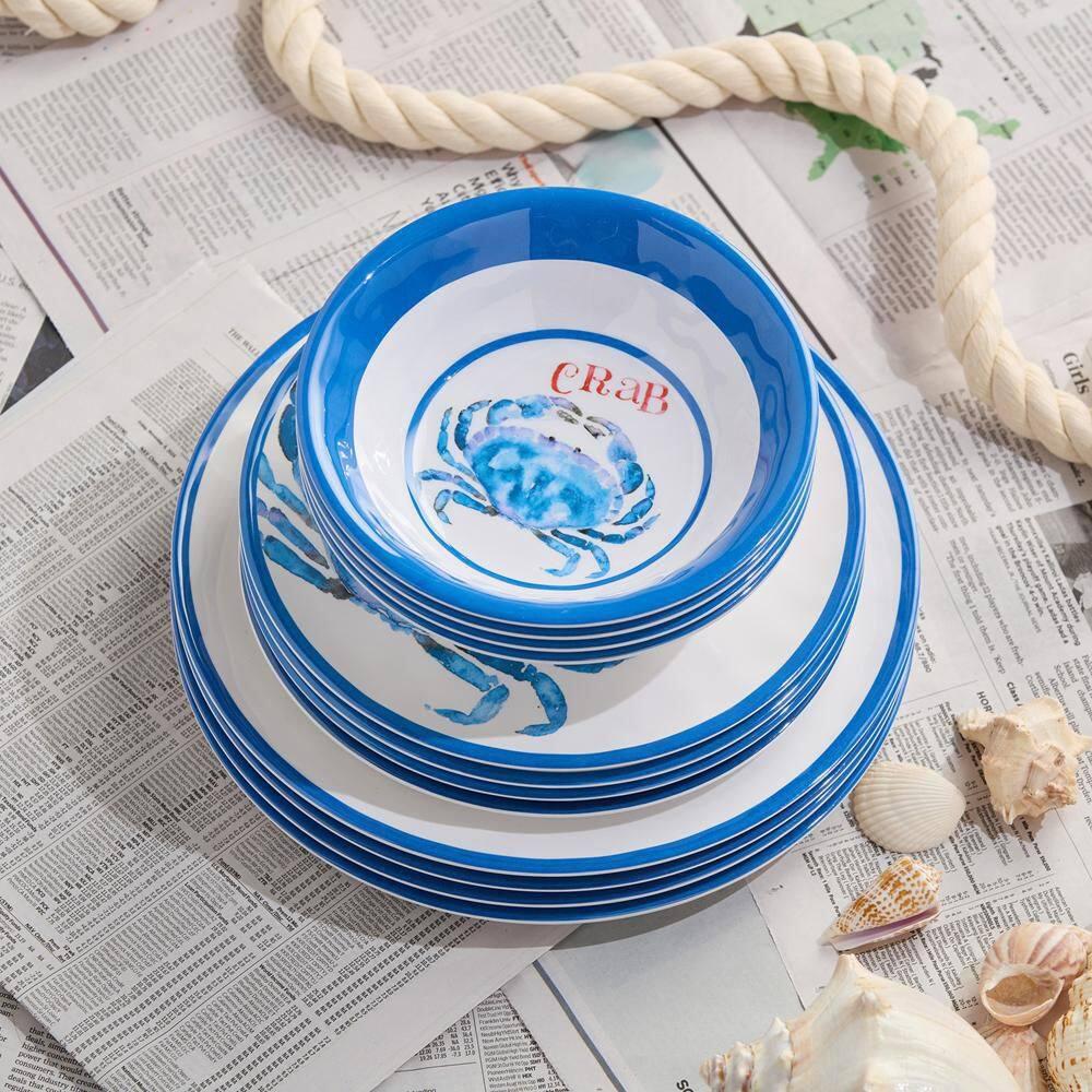 Certified International Beach House Crab 12-Piece Melamine Dinnerware Set – Blue & White Nautical-Themed Plates & Bowls – Shatterproof, Lightweight, and Dishwasher-Safe Coastal Tableware for Indoor & Outdoor Dining