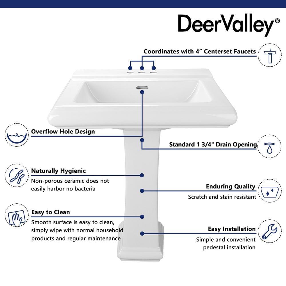 DeerValley Apex 34" Tall Rectangular Vitreous China Pedestal Bathroom Sink with Overflow DV-1P521