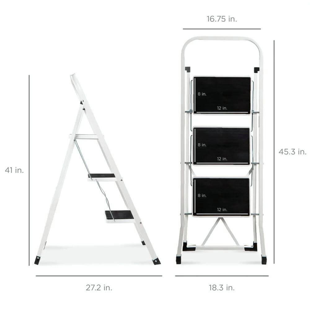 WAYPLUS 330lb Capacity 3 Step Steel Ladder, Folding Portable Step Stool w/ Non-Slip Feet, Rubber Pads