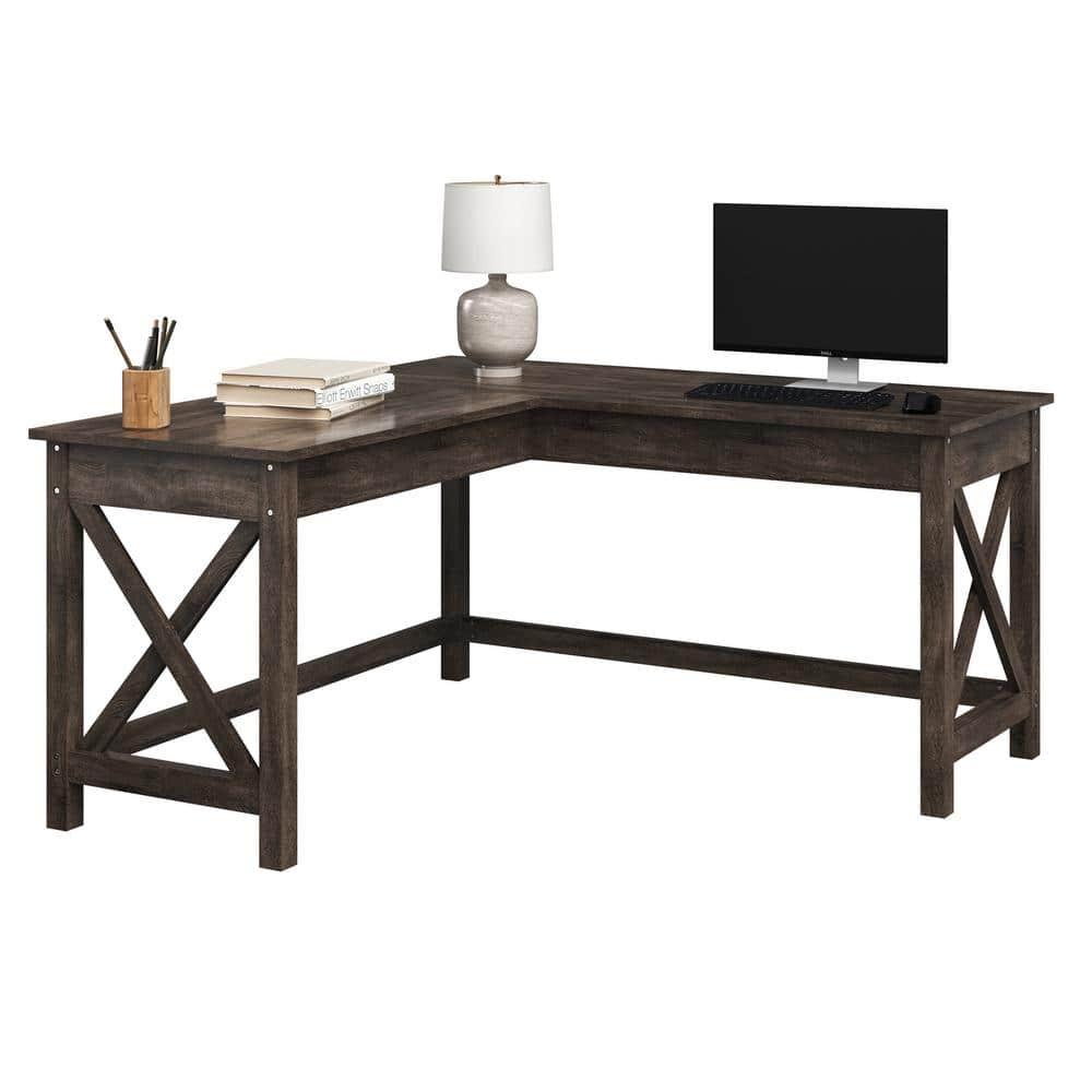 Lavish Home 59" L-Shaped Farmhouse Style Desk with Return for Home Office in Dark Gray Oak Finish