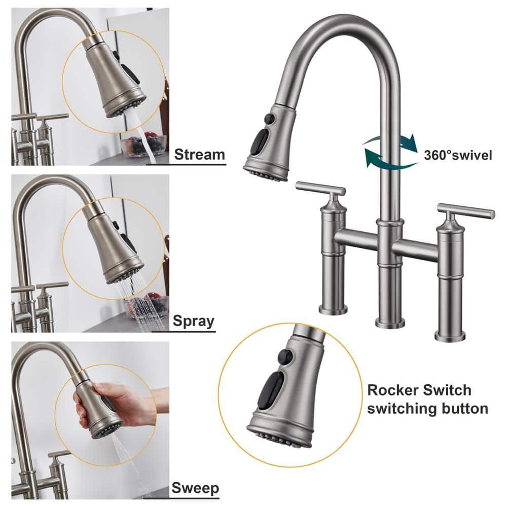 Double Handle Bridge Pull-Down Kitchen Faucet with 3-Spray Patterns and 360 Degrees Rotation Spout in Brushed Nickel