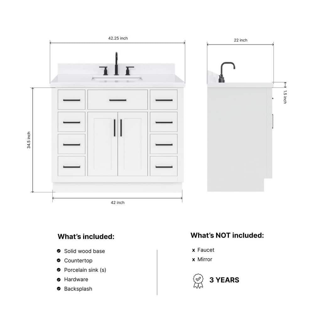 Wildon Home® Tidworth 42'' Solid Wood Single Bathroom Vanity with 1.5'' Carrara Quartz Top, Rectangular Sink