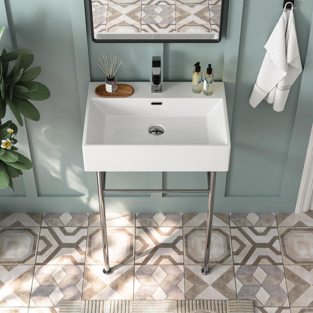 Ceramic White Rectangular Single Faucet Hole 24 in Console Bathroom Sink with Overflow