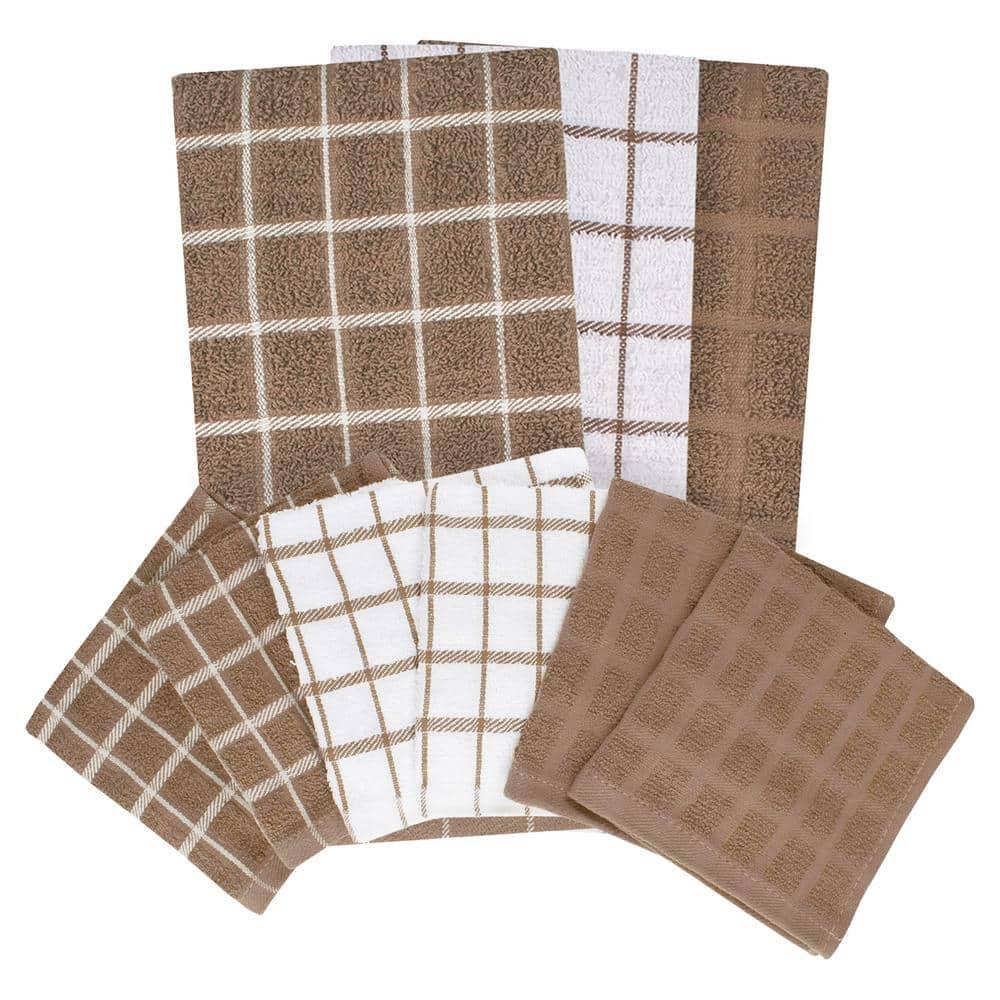 John Ritzenthaler Co. Ritz 3-Pack Terry Check Kitchen Towel Set and 6-Pack Terry Check Dish Cloth Set, Mocha