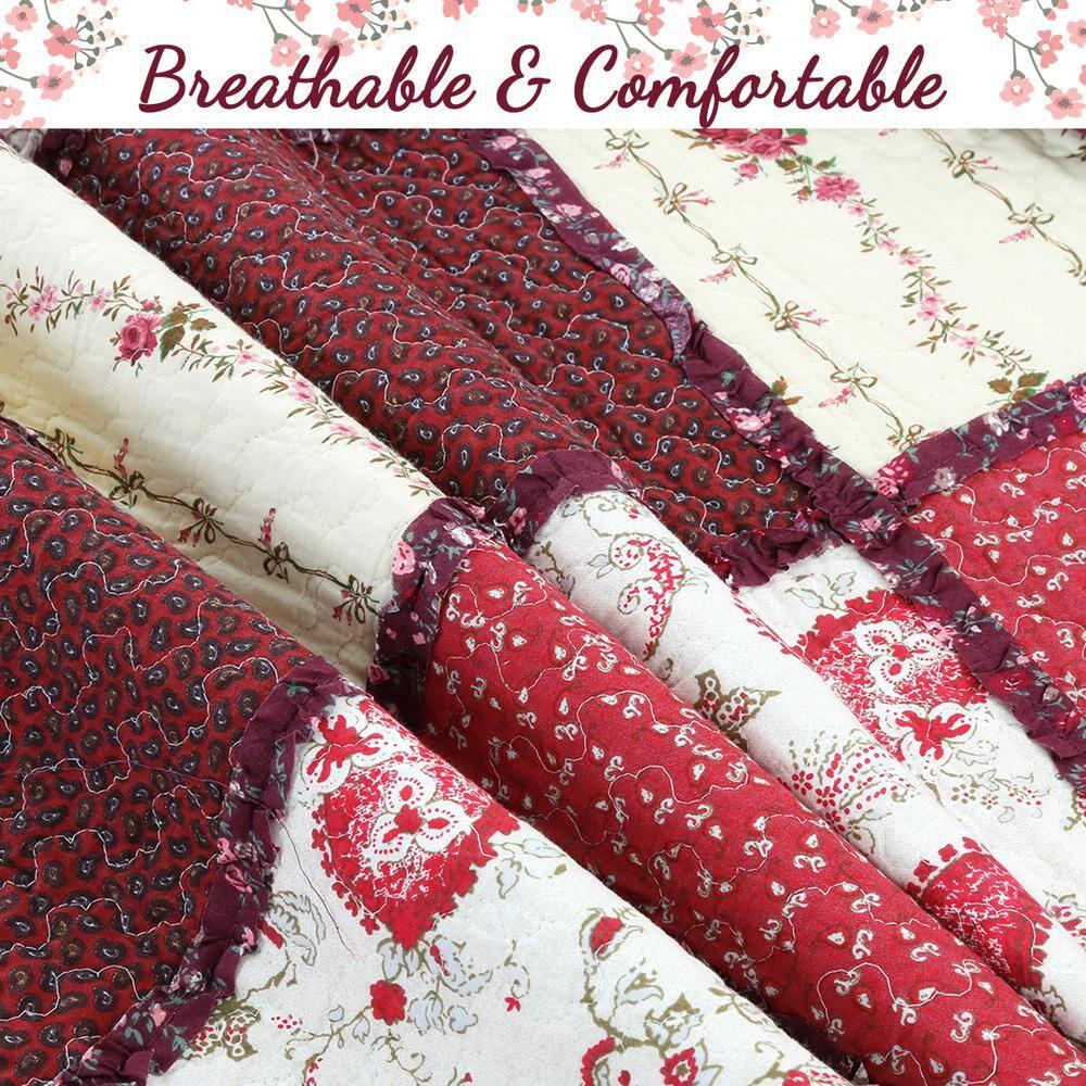 Cozy Line Home Fashions Rich Red Rose Floral Paisley 3-Piece Patchwork Ruffle Scalloped Vintage Farmhouse Cotton Reversible Queen Quilt Bedding Set