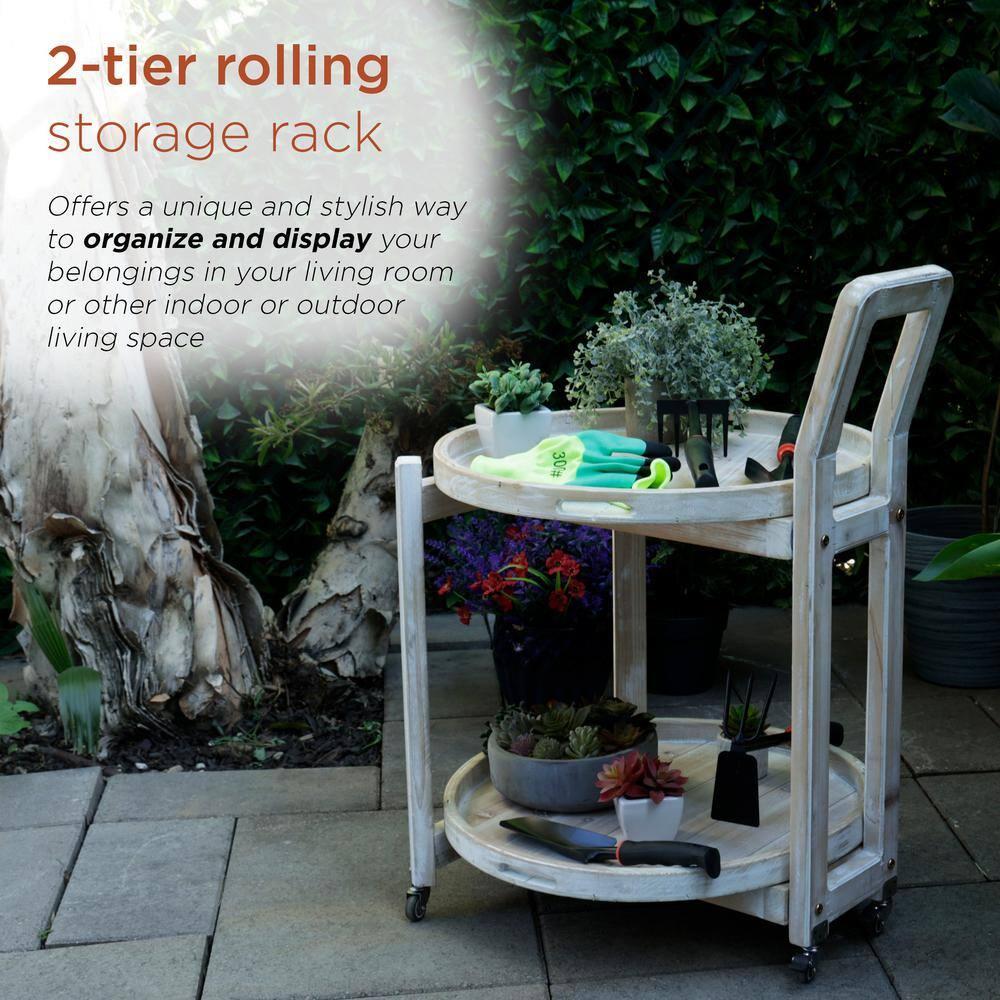 Alpine Corporation MBB172 Wood 2-Tier Rolling Storage Cart for Books, Plants, Decor, Rustic Storage Push Cart with 2 Shelves