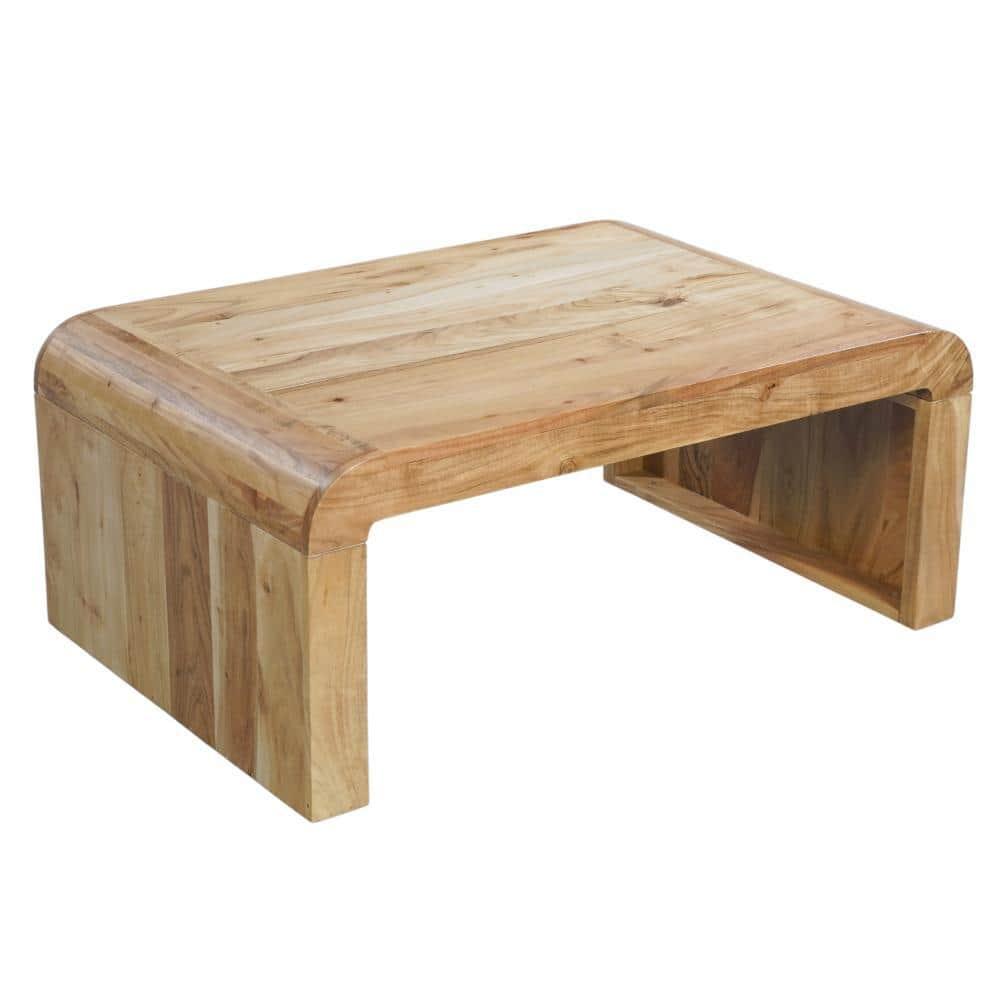 The Urban Port UPT-314336 36 in. Cascade Natural Acacia Wood Rectangular Curved Waterfall Top Coffee Table, Brown
