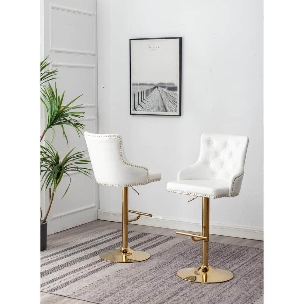 Brightcast 2-piece Velvet Tufted Gold Bar Stools in White