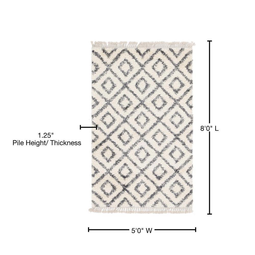 Unique Loom Hygge Shag Collection Area Rug - Diamond (5' 1" x 8' Rectangle, Ivory/ Gray)