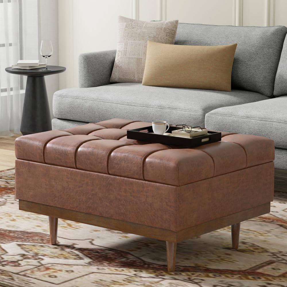 Simpli Home Mariah 34 inch Wide Contemporary Rectangle Coffee Table Storage Ottoman in Distressed Saddle Brown Vegan Faux Leather