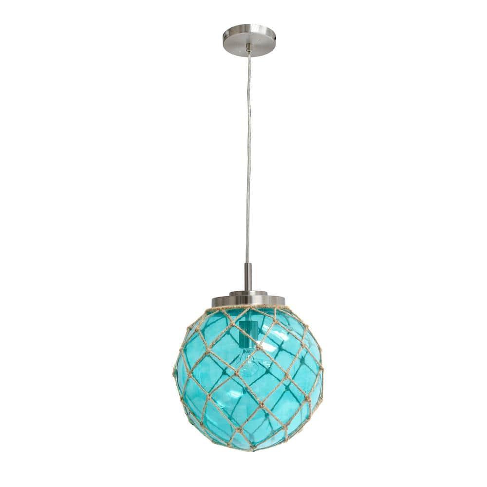 Buoy Netted Coastal Ocean Sea Glass Pendant with Natural Rope Aqua - Elegant Designs: Brushed Nickel Canopy, UL Listed