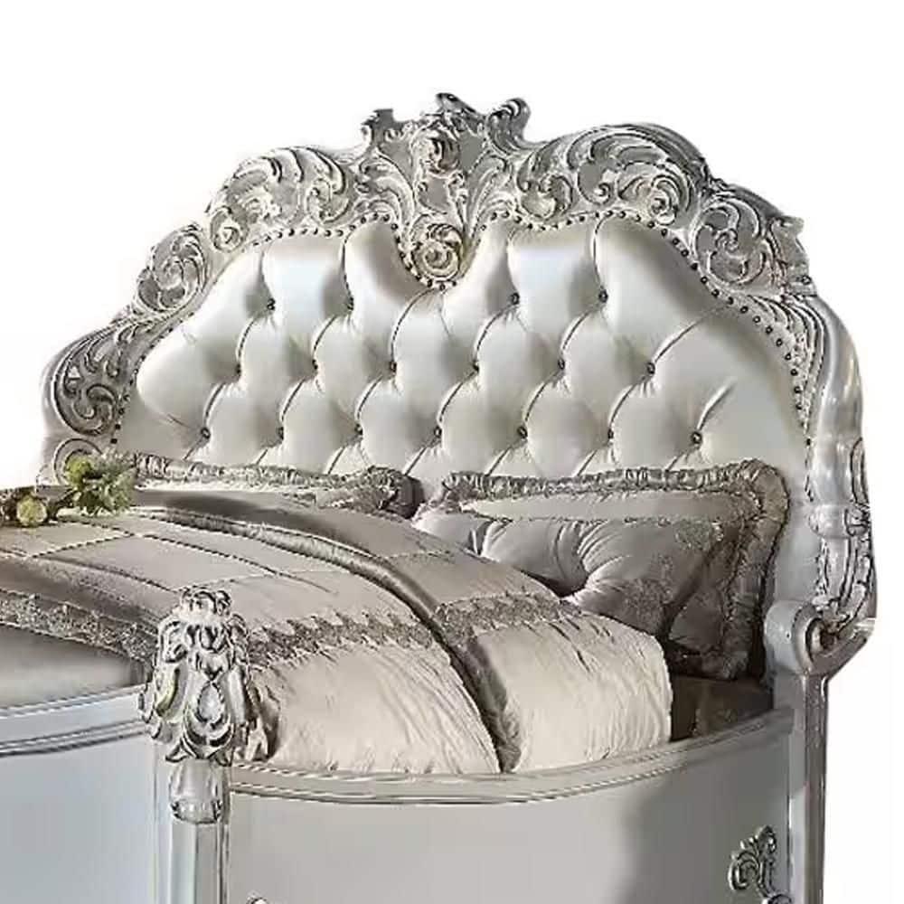Benjara Antoine Bed, White Faux Leather Victorian Carved, Antique White