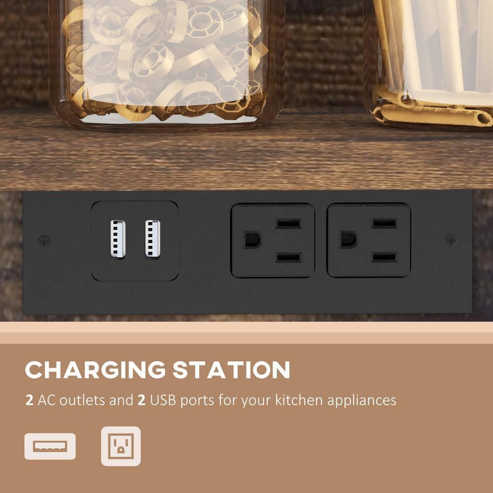 HOMCOM Industrial Kitchen Bakers Rack with Charging Station, RGB Lights, Glass Holders and Open Shelves, Rustic Brown