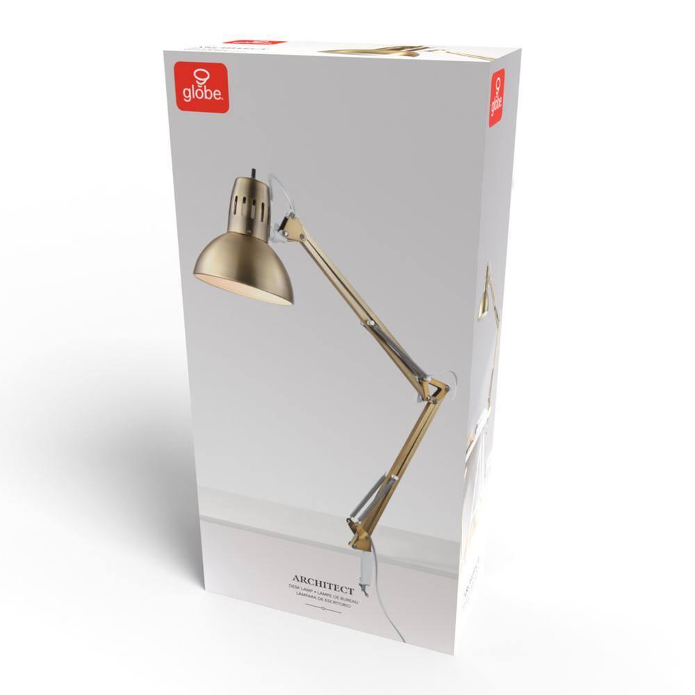 Globe Electric 62000010 32" Multi-Joint Desk Lamp with Metal Clamp, Matte Brass, White Accents, On/Off Rotary Switch on Shade, Partially Adjustable Swing Arm, Home Décor, Office Accessory