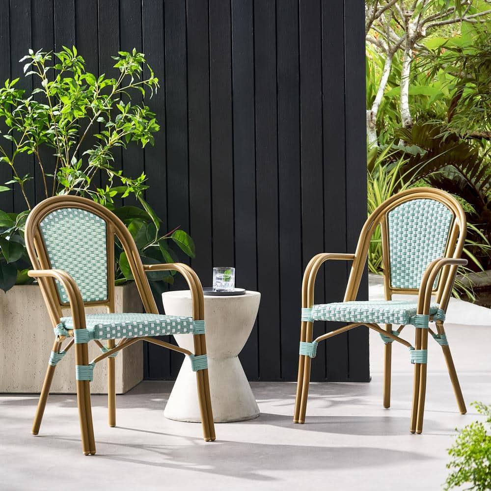 Cecil Aluminum and Wicker Outdoor French Bistro Chairs, Set of 2, Light Teal, White, and Wood Print
