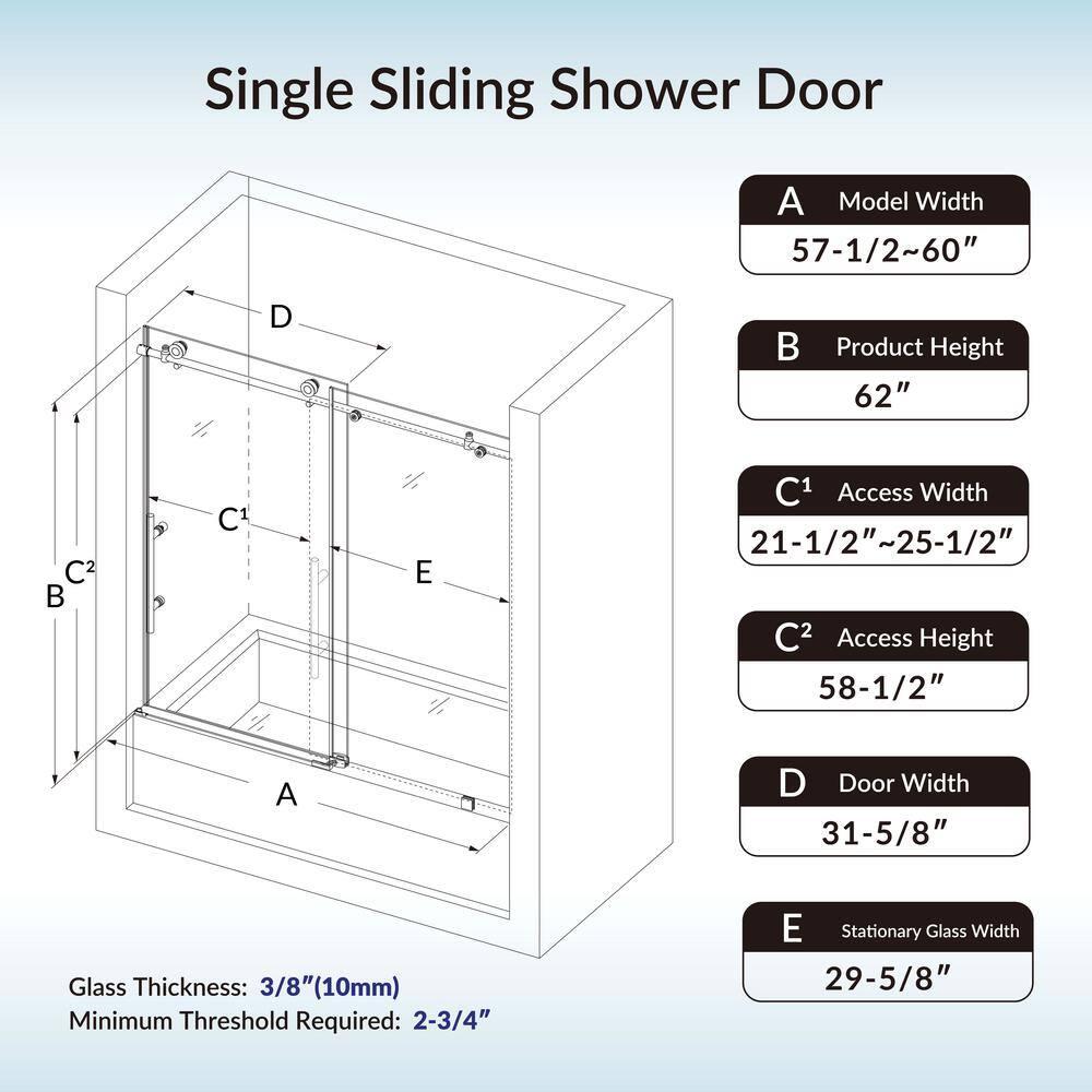 WoodBridge Frameless Single Sliding Shower Doors, 56-60" W X 62" H With 5/16" Clear Tempered Glass And Explosion-Proof Film MSDF6062-B